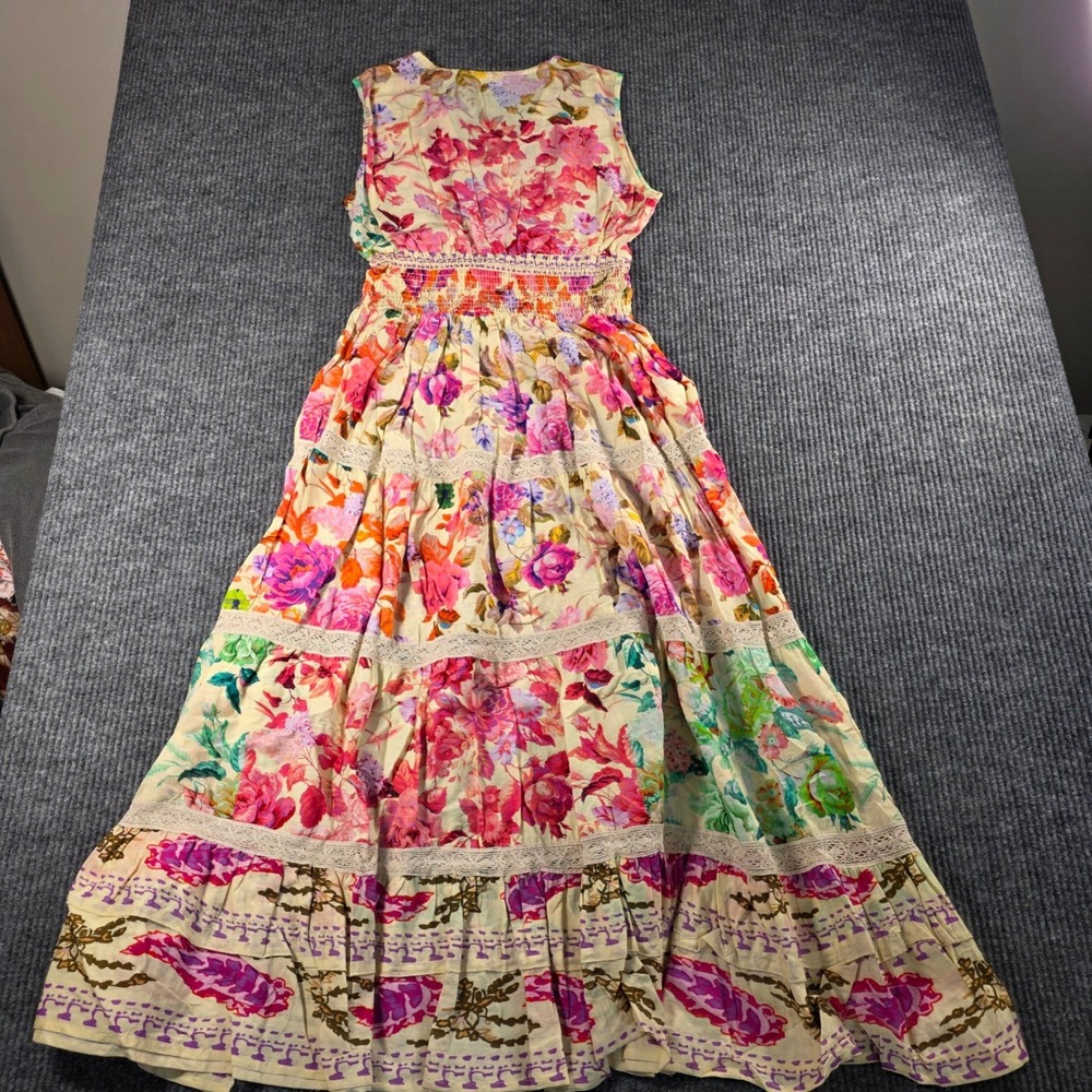 POL Floral Print Tiered Maxi Dress Lace Trim Smocked Waist Boho Sleeveless Large - Picture 6 of 6